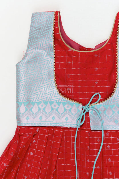 The Nesavu Girls Kanchi Silk Frock Designer Silk Frock for Toddler Girls Inspired by Kanchivaram Saree Patterns Nesavu Nesavu toddler girl designer silk frock with Kanchivaram inspired zari borders and chevron yoke