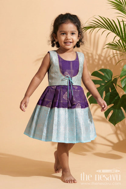The Nesavu Girls Kanchi Silk Frock Designer Silk Frock for Toddler Girls with Kanchivaram Saree Inspired Zari Weaving Nesavu 10 (NB) / Blue / style 1 KSF038BA-10 Nesavu toddler girl designer silk frock with Kanchivaram saree inspired zari motifs and broad festive borders