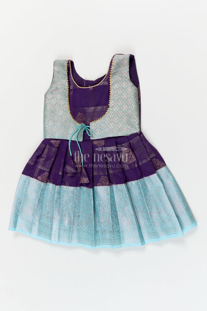 The Nesavu Girls Kanchi Silk Frock Designer Silk Frock for Toddler Girls with Kanchivaram Saree Inspired Zari Weaving Nesavu 10 (NB) / Blue / style 1 KSF038BA-10 Nesavu toddler girl designer silk frock with Kanchivaram saree inspired zari motifs and broad festive borders