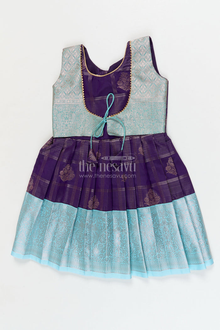 The Nesavu Girls Kanchi Silk Frock Designer Silk Frock for Toddler Girls with Kanchivaram Saree Inspired Zari Weaving Nesavu 10 (NB) / Blue / style 2 KSF038BB-10 Nesavu toddler girl designer silk frock with Kanchivaram saree inspired zari motifs and broad festive borders
