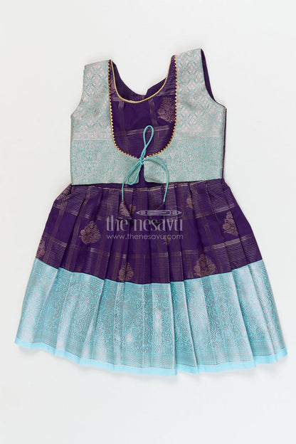 The Nesavu Girls Kanchi Silk Frock Designer Silk Frock for Toddler Girls with Kanchivaram Saree Inspired Zari Weaving Nesavu 10 (NB) / Blue / style 2 KSF038BB-10 Nesavu toddler girl designer silk frock with Kanchivaram saree inspired zari motifs and broad festive borders