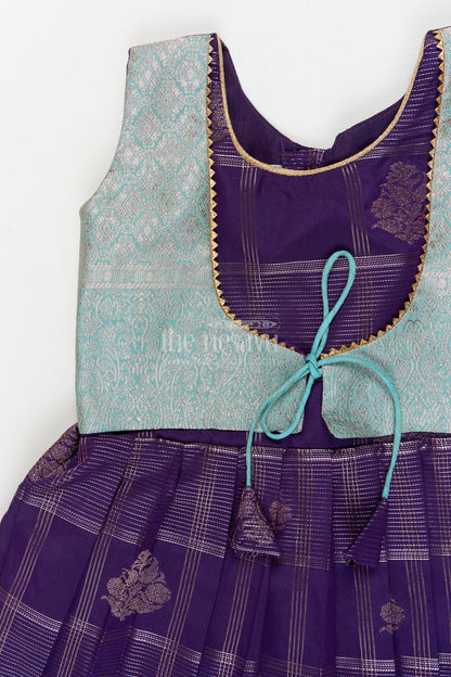 The Nesavu Girls Kanchi Silk Frock Designer Silk Frock for Toddler Girls with Kanchivaram Saree Inspired Zari Weaving Nesavu Nesavu toddler girl designer silk frock with Kanchivaram saree inspired zari motifs and broad festive borders