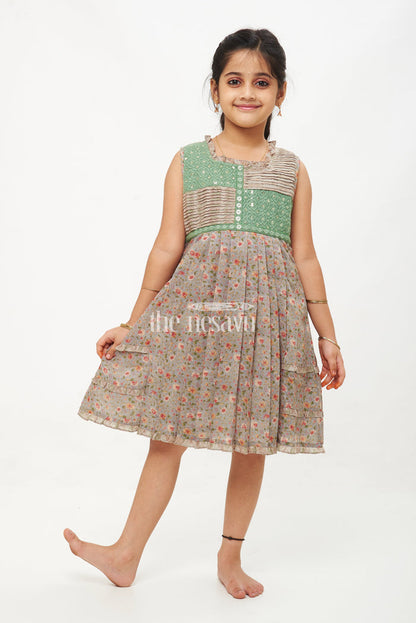 The Nesavu Girls Cotton Frock Designer Sleeveless A-Line Cotton Frock with Floral Print and Embroidered Yoke Nesavu 22 (4Y) / multicolor GFC1353A-22 Designer Sleeveless A-Line Cotton Frock with Floral Print and Embroidery