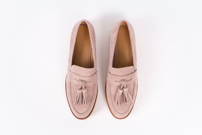 Aerial view of Dorothy Loafers in Blush Pink Suede. Womens flat shoe available in women's European sizes 42-46