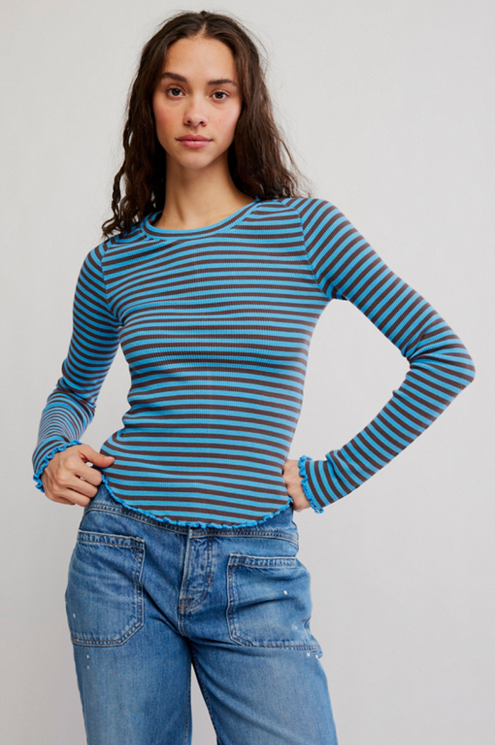 Easy Does It Long Sleeve Striped Tee in Blue Combo