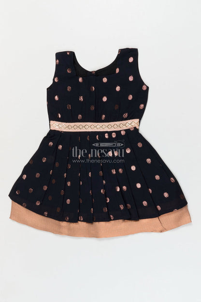 The Nesavu Girls Cotton Frock Elegant Cotton Frock for Girls with Copper Zari Polka Butti and Designer Waist Detail Nesavu 18 (2Y) / Black / Cotton GFC2079A-18 Nesavu girls cotton frock with copper zari butti and embroidered waist – festive and elegant