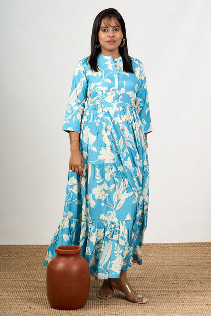 The Nesavu Womens Flared Kurthas Elegant Crepe Birthday Dresses for Women with Floral Print and Maxi Flared Design Nesavu 38 (M) / Blue WT049B-38 Crepe Birthday Dresses Women Floral Print Maxi-Length Flared Fit | The Nesavu