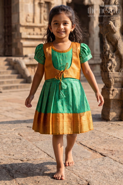 The Nesavu Girls Kanchi Silk Frock Elegant Green and Gold Pattu Full Frock for Girls with Traditional Zari Weaving Nesavu Elegant Green Gold Pattu Full Frock Girls Traditional Zari Weaving | The Nesavu