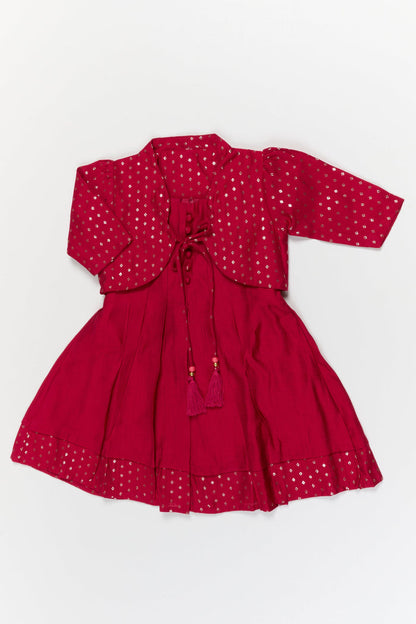 The Nesavu Girls Chanderi Frock Elegant Silk Frock with Traditional Jacket for Celebrations and Cultural Events Nesavu 20 (3Y) / Red / Viscose Silk GFC2114B-20 Nesavu ethnic silk frock with jacket for girls – ideal for weddings and festive gatherings