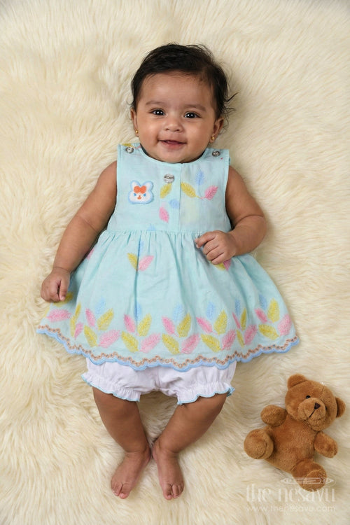 The Nesavu Baby Cotton Frocks Embroidered Baby Frock and Bloomer Set with Playful Leaf Detailing Nesavu Baby frock and bloomer set with multicolor leaf embroidery and character motif