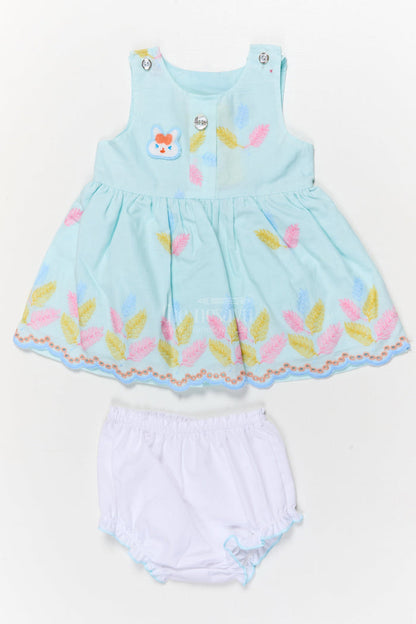 The Nesavu Baby Cotton Frocks Embroidered Baby Frock and Bloomer Set with Playful Leaf Detailing Nesavu 14 (6M) / Turquoise / Cotton Blend BFJ850F-14 Baby frock and bloomer set with multicolor leaf embroidery and character motif