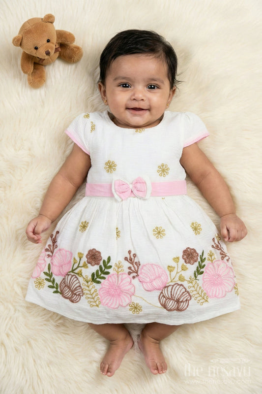 The Nesavu Girls Cotton Frock Embroidered Cotton Frock for Baby Girls’ Weekend Outings Nesavu 14 (6M) / Half white / Cotton BFJ919A-14 Nesavu cotton frock for baby girls with floral embroidery and bow detail – weekend wear