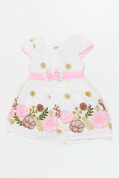 The Nesavu Girls Cotton Frock Embroidered Cotton Frock for Baby Girls’ Weekend Outings Nesavu 14 (6M) / Half white / Cotton BFJ919A-14 Nesavu cotton frock for baby girls with floral embroidery and bow detail – weekend wear