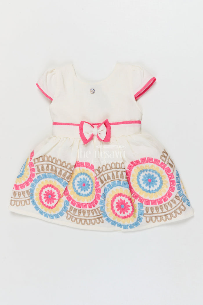 The Nesavu Girls Cotton Frock Embroidered Cotton Frock for Toddler Girls' Day Outings and Events Nesavu 14 (6M) / Beige / Cotton BFJ921A-14 Nesavu toddler girl cotton frock with embroidery for birthdays and festive family outings