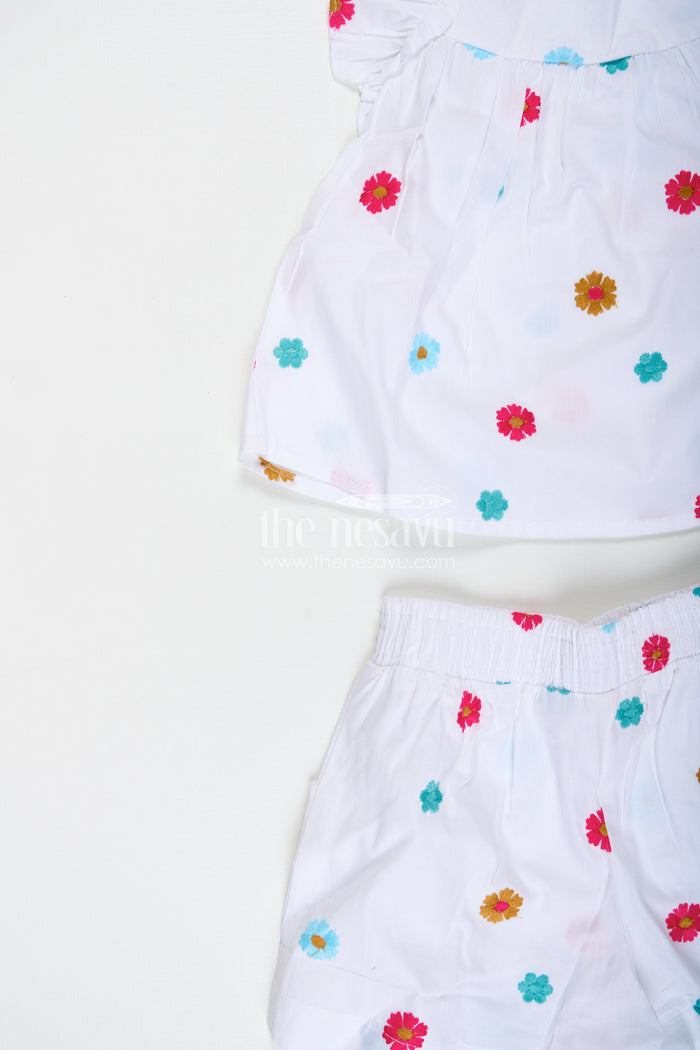 The Nesavu Girls Cotton Frock Embroidered Cotton Outfit for Baby Girls Summer Wear Nesavu Nesavu Baby Girl White Cotton Top Shorts Set Pom-Poms Colorful Thread Embroidery