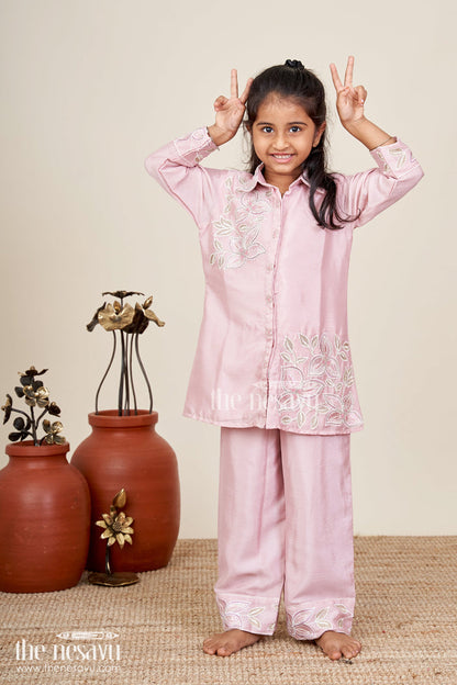 The Nesavu Girls Sharara / Plazo Set Embroidered girls sharara/plazo set with designer finish Nesavu 24 (5Y) / Purple GPS819A-24 Nesavu lavender embroidered girls sharara/plazo set in soft viscose