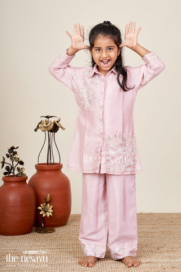 The Nesavu Girls Sharara / Plazo Set Embroidered girls sharara/plazo set with designer finish Nesavu Nesavu lavender embroidered girls sharara/plazo set in soft viscose