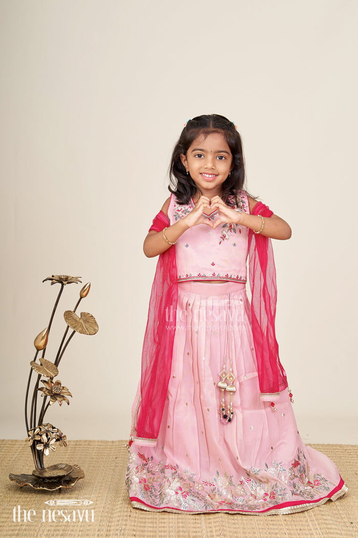 The Nesavu Girls Lehenga Choli Embroidered Lehenga Choli For Girls Birthday And Festive Occasions Nesavu 16 (1Y) / Pink GL743A-16 Nesavu Pastel Pink Lehenga Choli Girls Shimmer Georgette Outfit Birthdays Celebrations