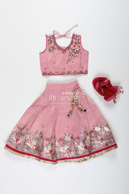 The Nesavu Girls Lehenga Choli Embroidered Lehenga Choli for Girls Birthday and Festive Occasions Nesavu Nesavu Pastel Pink Lehenga Choli Girls Shimmer Georgette Outfit Birthdays Celebrations