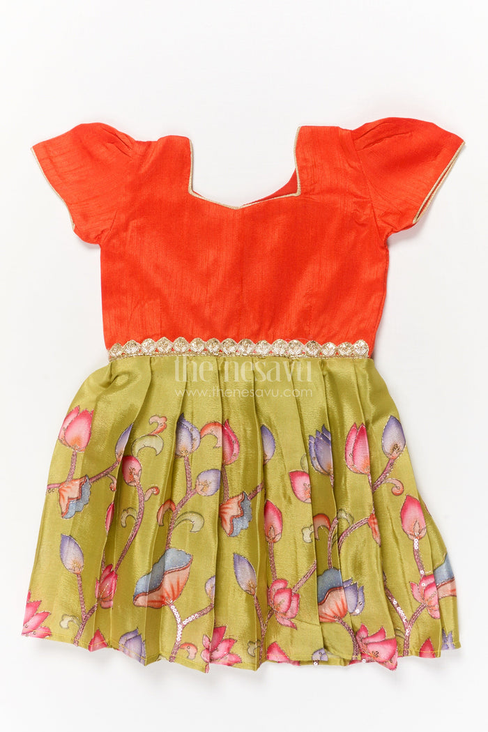 The Nesavu Silk Embroidered Frock Embroidered Silk Frock for Baby Girls for Birthday and School Celebrations Nesavu 16 (1Y) / Orange / Silk Blend SF1114A-16 Nesavu embroidered silk frock for baby girls with floral art skirt – perfect for birthdays and ethnic day events