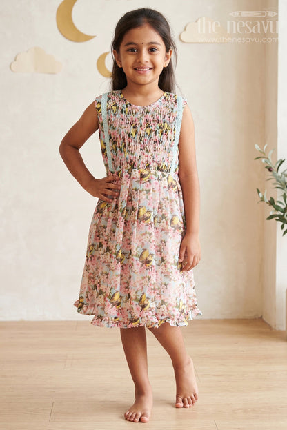 The Nesavu Girls Cotton Frock Enchanting Blossom and Bird Print Cotton Frock for Girls Nesavu 16 (1Y) / Blue / Cotton GFC1233A-16 Girls Floral Cotton Frock | The Nesavu
