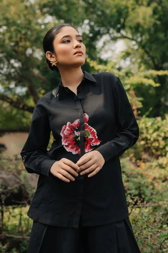 Estrella Pixel Embroidered Linen Shirt Bloome