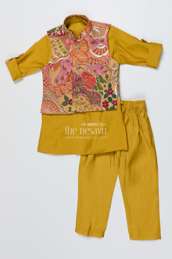 The Nesavu Boys Jacket Sets Ethnic Boys Jacket Kurta Set for Festive and Wedding Occasions Nesavu 14 (6M) / Yellow BES828C-14 Nesavu boys ethnic jacket set designer kurta Nehru jacket weddings Diwali