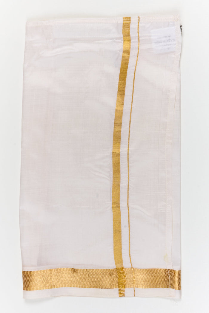 The Nesavu Boys Vesti Ethnic Boys Vesti for Wedding Rituals and Cultural Events Nesavu 14 (6M) / White / Silk D055A-14 Nesavu boys festive silk vesti with bold zari border – perfect for weddings and family celebrations