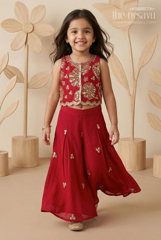 The Nesavu Girls Sharara / Plazo Set Ethnic Charm Girls Sharara Sets for Grand Occasions Nesavu 16 (1Y) / Red / Georgette GPS1037A-16 Nesavu Girls Sharara Set For Weddings With Georgette Fabric And Designer Embroidery Yoke Red Outfit