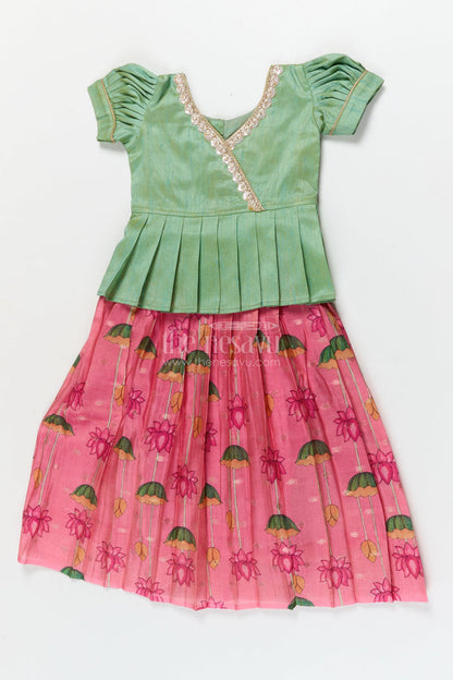 The Nesavu Pattu Pavadai Ethnic Lotus Print Baby Pattu Pavadai for First Festivals and Milestone Days Nesavu 18 (2Y) / Turquoise / Banarasi GPP365B-18 Nesavu lotus print baby girl pattu pavadai with wrap blouse for Diwali and festive wear