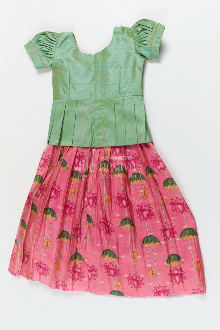 The Nesavu Pattu Pavadai Ethnic Lotus Print Baby Pattu Pavadai for First Festivals and Milestone Days Nesavu 18 (2Y) / Turquoise / Banarasi GPP365B-18 Nesavu lotus print baby girl pattu pavadai with wrap blouse for Diwali and festive wear