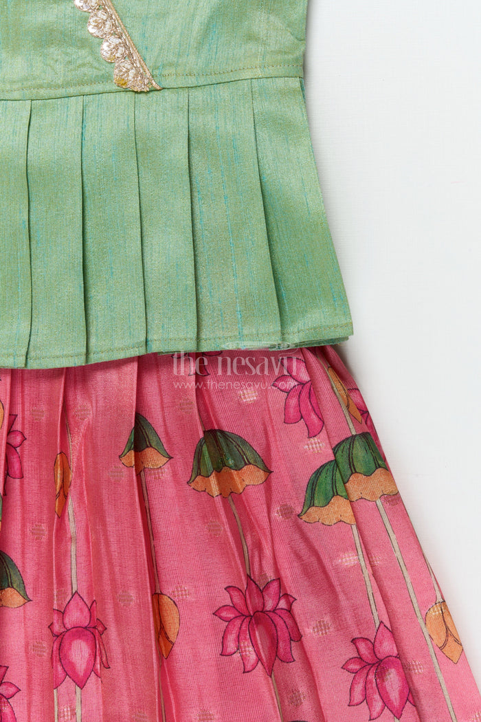 The Nesavu Pattu Pavadai Ethnic Lotus Print Baby Pattu Pavadai for First Festivals and Milestone Days Nesavu 18 (2Y) / Turquoise / Banarasi GPP365B-18 Nesavu lotus print baby girl pattu pavadai with wrap blouse for Diwali and festive wear