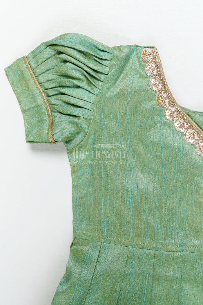 The Nesavu Pattu Pavadai Ethnic Lotus Print Baby Pattu Pavadai for First Festivals and Milestone Days Nesavu 18 (2Y) / Turquoise / Banarasi GPP365B-18 Nesavu lotus print baby girl pattu pavadai with wrap blouse for Diwali and festive wear