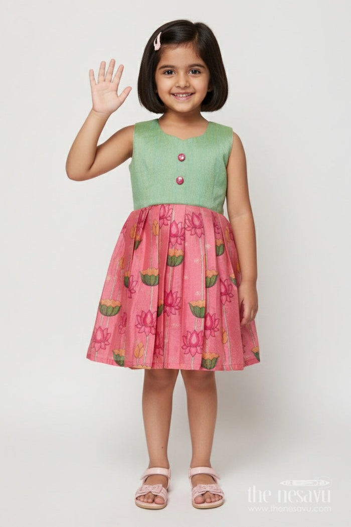 The Nesavu Silk Frock Ethnic Silk Frock for Baby Girl for Festive Wear and Birthday Dressing Nesavu 18 (2Y) / Green SF1094A-18 Nesavu baby girl ethnic silk frock with floral lotus print and raw silk yoke for birthdays and poojas