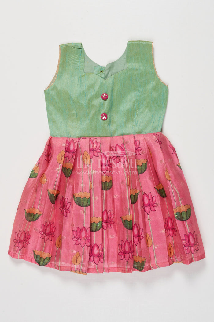 The Nesavu Silk Frock Ethnic Silk Frock for Baby Girl for Festive Wear and Birthday Dressing Nesavu 18 (2Y) / Green SF1094A-18 Nesavu baby girl ethnic silk frock with floral lotus print and raw silk yoke for birthdays and poojas