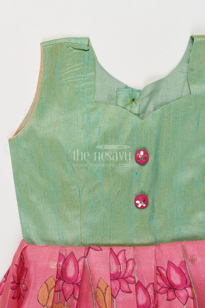 The Nesavu Silk Frock Ethnic Silk Frock for Baby Girl for Festive Wear and Birthday Dressing Nesavu Nesavu baby girl ethnic silk frock with floral lotus print and raw silk yoke for birthdays and poojas