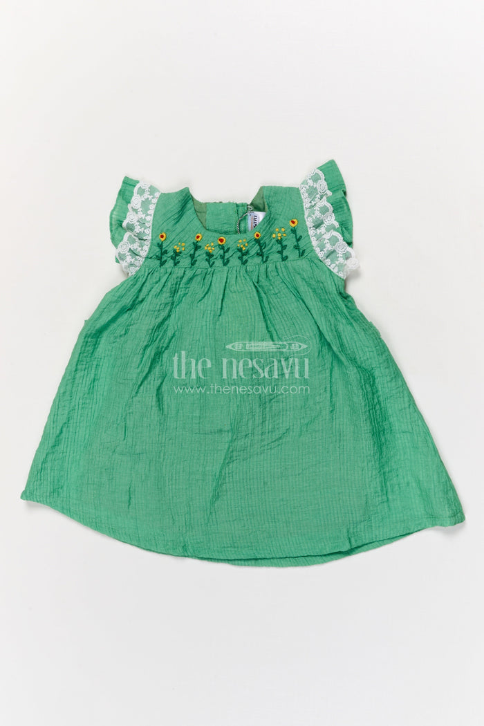 The Nesavu Baby Cotton Frocks Everyday Baby Cotton Frock with Embroidery and Lace Details Nesavu 16 (1Y) / Green / Cotton Blend GFC1915B-16 Nesavu embroidered baby cotton frock with lace sleeves for daily wear and soft summer style