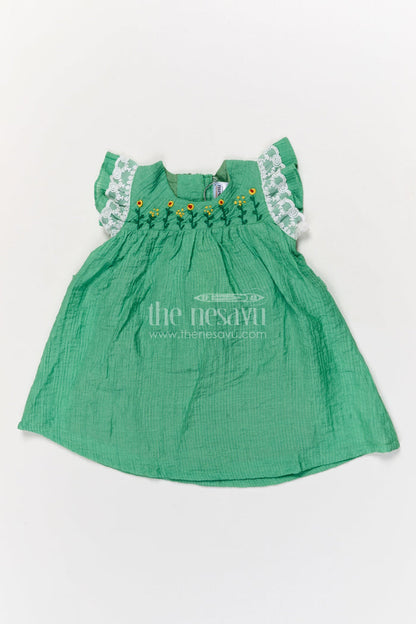 The Nesavu Baby Cotton Frocks Everyday Baby Cotton Frock with Embroidery and Lace Details Nesavu 16 (1Y) / Green / Cotton Blend GFC1915B-16 Nesavu embroidered baby cotton frock with lace sleeves for daily wear and soft summer style