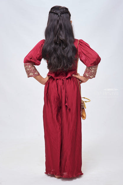 The Nesavu Girls Sharara / Plazo Set Exquisite Resham & Sequin Embroidered Purple Ensemble with Pleated Palazzo for Girls Nesavu Kids Formal Elegance: Crop Top and Palazzo Set | Sophisticated Styles | The Nesavu