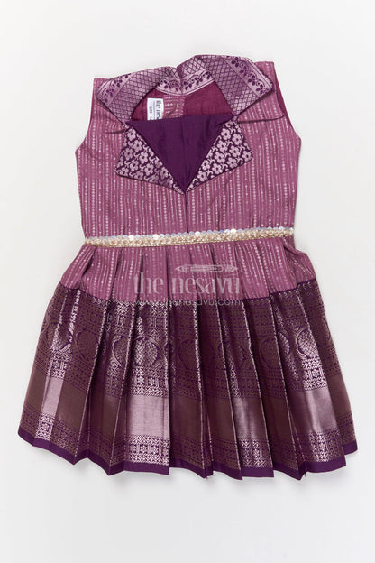 The Nesavu Girls Kanchi Silk Frock Festive Kanchi Silk Frock for Toddler Girls for Birthdays and Poojas Nesavu 16 (1Y) / Purple / Silk Blend SF1006BB-16 Nesavu festive kanchi silk frock for toddler girls with zari pleats and printed collar design