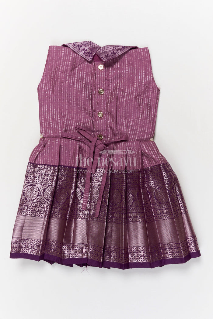 The Nesavu Girls Kanchi Silk Frock Festive Kanchi Silk Frock for Toddler Girls for Birthdays and Poojas Nesavu Nesavu festive kanchi silk frock for toddler girls with zari pleats and printed collar design
