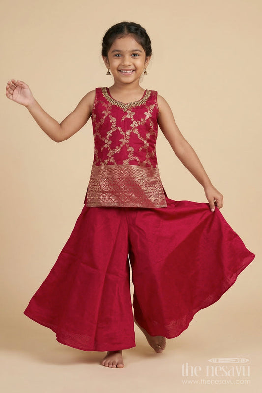 The Nesavu Girls Sharara / Plazo Set Festive Plazo Outfit for Girls with Embroidered Yoke and Tassel Dupatta Nesavu 18 (2Y) / Pink / Georgette GPS958B-18 Nesavu festive plazo outfit for girls with embroidered yoke and tassel dupatta – perfect for weddings and parties
