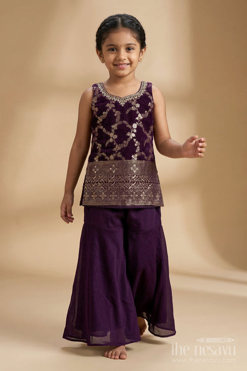 The Nesavu Girls Sharara / Plazo Set Festive Plazo Set for Girls with Embroidered Sleeveless Yoke and Dupatta Nesavu 18 (2Y) / Purple / Georgette GPS958C-18 Nesavu festive plazo set for girls with embroidered yoke and tassel dupatta – perfect for weddings and celebrations
