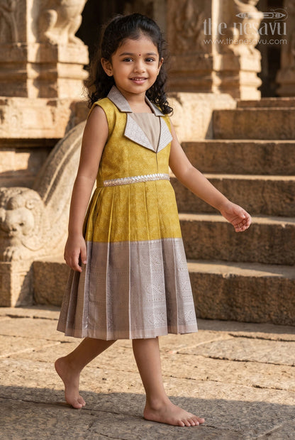 The Nesavu Girls Kanchi Silk Frock Festive Silk Frock for Girls for Family Functions and Cultural Events Nesavu 16 (1Y) / Yellow / Silk Blend SF992BC-16 Nesavu festive silk frock for girls with zari pleats and stone waist belt – ideal for family and cultural events