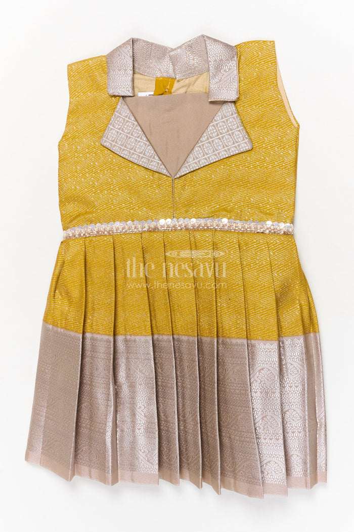 The Nesavu Girls Kanchi Silk Frock Festive Silk Frock for Girls for Family Functions and Cultural Events Nesavu 16 (1Y) / Yellow / Silk Blend SF992BC-16 Nesavu festive silk frock for girls with zari pleats and stone waist belt – ideal for family and cultural events