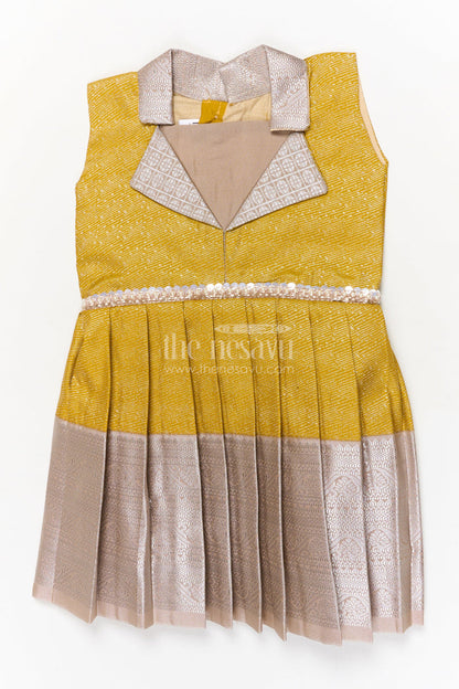 The Nesavu Girls Kanchi Silk Frock Festive Silk Frock for Girls for Family Functions and Cultural Events Nesavu 16 (1Y) / Yellow / Silk Blend SF992BC-16 Nesavu festive silk frock for girls with zari pleats and stone waist belt – ideal for family and cultural events