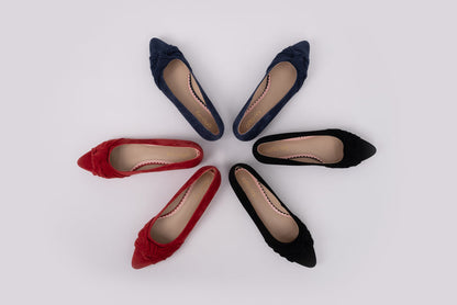Aerial view of the Fifi Flats in all 3 colours, Black, Navy and Red. Larger size women's shoes available in sizes 8-12. Available in standard and wide fit.