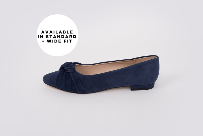 Side profile of Fifi Flat in Navy coloured Suede, in larger sizes 8-12. Available in standard and wide fit.