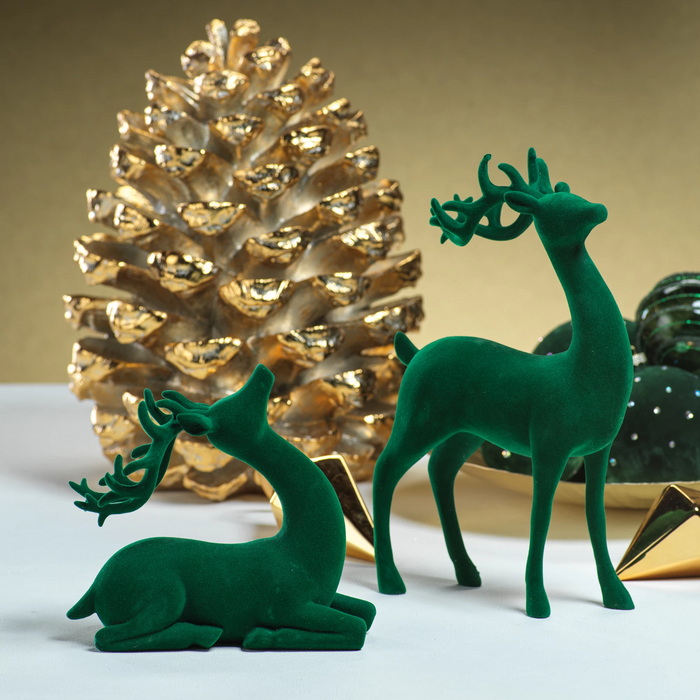 Flocked Sitting Deer - Green - Christmas Decor by Carlyle Avenue