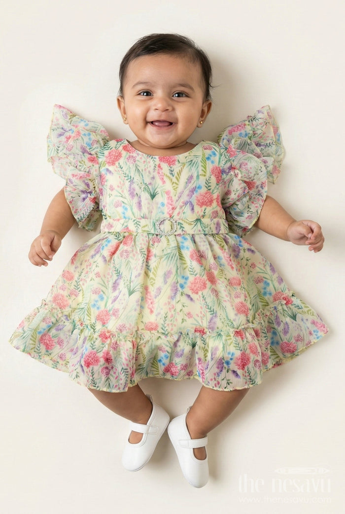 The Nesavu Baby Cotton Frocks Floral Print Georgette Frock for Toddler Girls Nesavu 14 (6M) / Yellow BFJ835A-14 Nesavu Toddler Girls Georgette Floral Print Frock Summer Ruffles Lightweight Comfort
